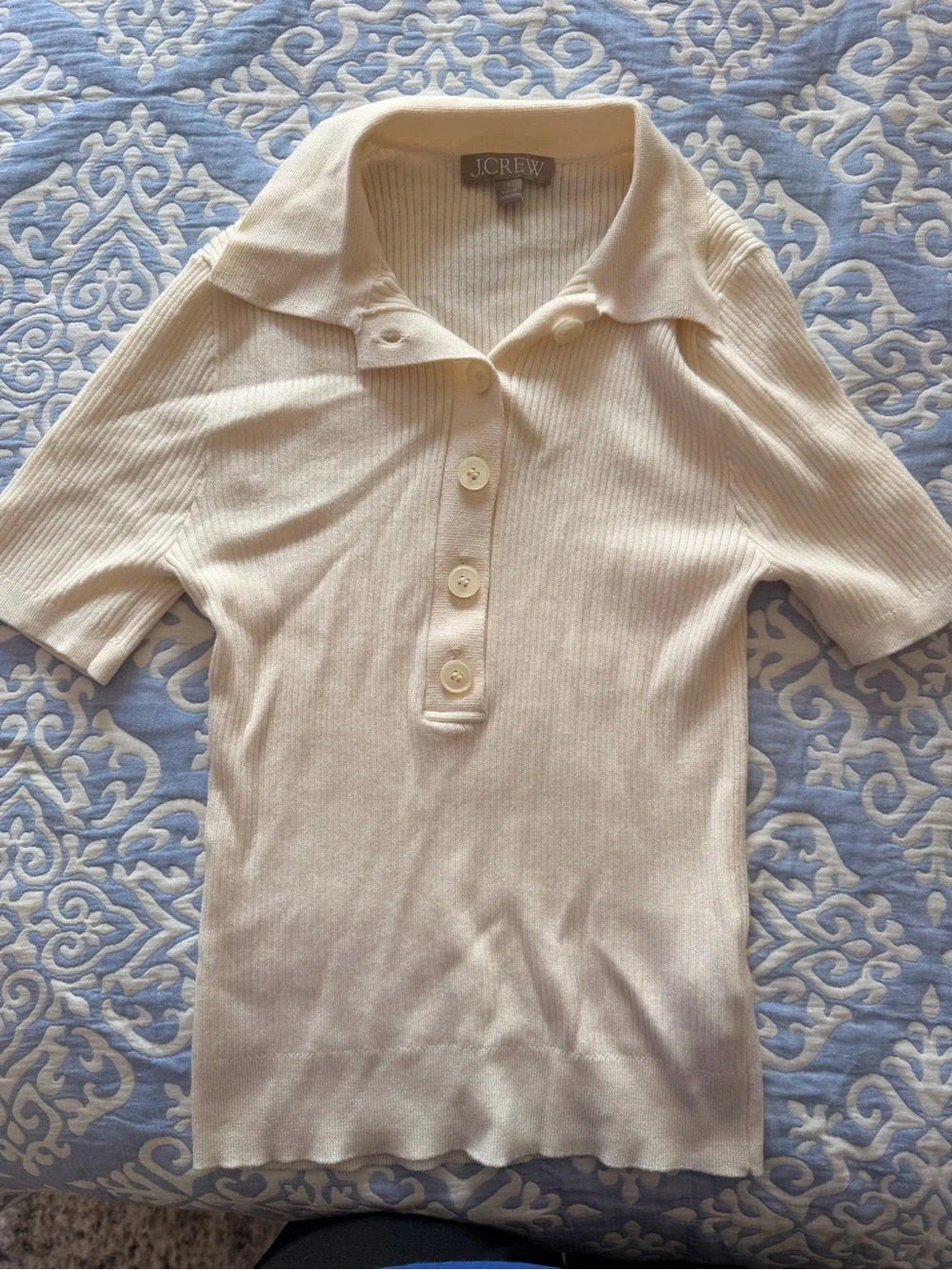 J. Crew Cream Ribbed Polo Button-Up Short Sleeve Top